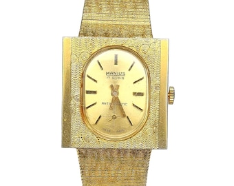 Vintage Manius 17 Rubis Swiss Antimagnetic Manual Wind Rectangular Gold-Tone Watch Art Deco