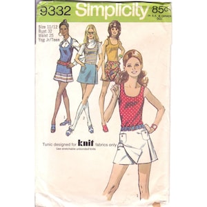 Vintage Sewing PATTERN Simplicity 9332, Young Junior Teen 1971 Scooter Skirt and Tunic for Knits, Size 11 12
