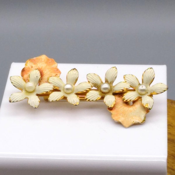 Vintage Floral Bar Brooch, Gold Tone with White Enamel Flowers and Pastel Anchoring Leaves, Elegant Faux Pearl Lapel Pin