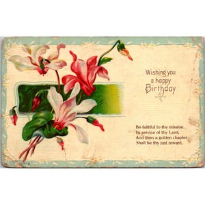 Carte postale florale vintage des années 1910 avec message d'anniversaire religieux et timbre américain d'un cent