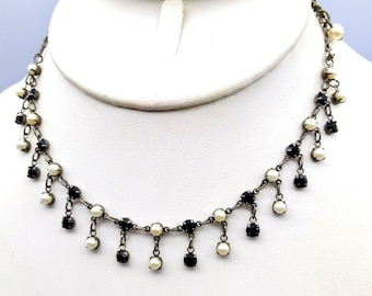 Vintage Gothic Choker Bib Necklace, Black Crystal and Seed Pearl with Elegant Drops