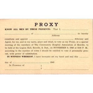 Tarjeta postal vintage, boleta de poder Bowdle Asociación de Hospitales Comunitarios de Dakota del Sur 1949 Postal Reunión Especial Union Hall, Green One Cen