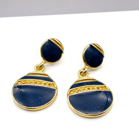 Vintage Blue Enamel Drop Earrings, Chic Gold Tone… - image 2