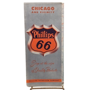 Retro 1950s Chicago Road Map Phillips Petróleo y Gas Publicidad Ephemera, Vintage Coleccionable Viaje Turismo Recuerdo