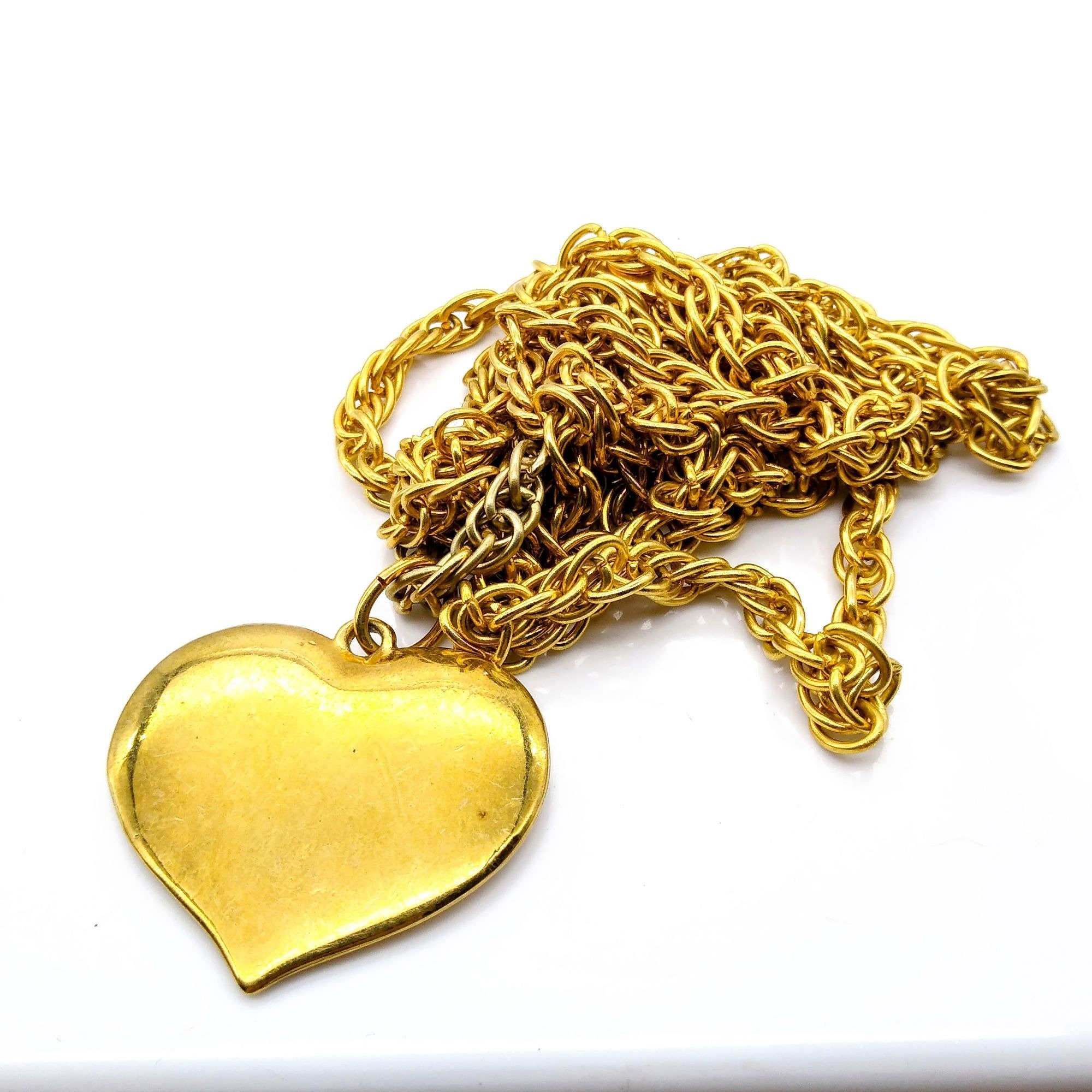 Vintage Brass Heart Pendant Necklace With Long Gold Tone