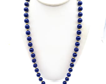 Navy Blue Beaded Necklace, Vintage Lucite Beads with Gold Tone Spacers