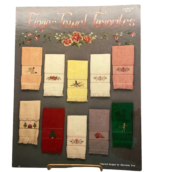 Patrones de punto de cruz vintage, Favoritos de toalla de dedo por Harriette Tew, Hutspot House Leaflet 36, Needlework Booklet 1986