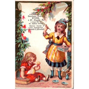 Goodjahr Rubber Store Trade Card Antike Werbung viktorianischen Siracuse New York Frank C Howlett Mädchen mit Puppen und Tee-Set