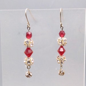 Red Crystal Ball Dangle Earrings,Vintage Disco Vibe with Clear Prong Set Rhinestones and Bright Faceted Beads Drop