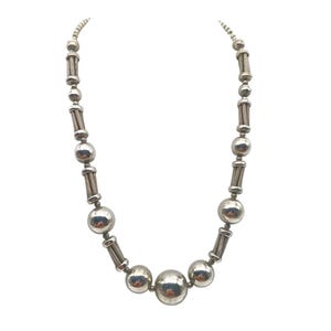Vintage Industrialist Beaded Necklace with Silver Tone Mixed Bead Sizes & Shapes