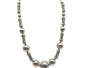 Vintage Industrialist Beaded Necklace with Silver Tone Mixed Bead Sizes & Shapes