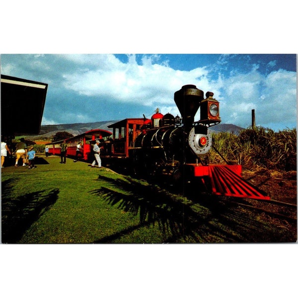 carte postale vintage chemin de fer chromée, LAHAINA-KAANAPALI Locomotive Train Maui Beach Resort plantation de canne à sucre 1982, dos divisé non arrimé