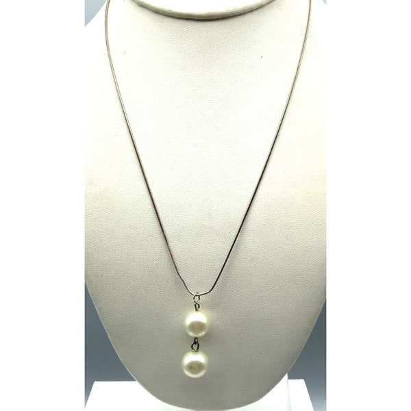 Vintage Double Pearl Drop Pendant on Gwen Stefani Sterling Silver Chain Necklace