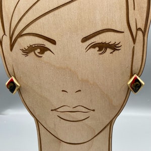 Chic Retro Stud Earrings, Gold Tone Harlequin with Red Black and Golden Swirl Enamel, Minimalist Vintage