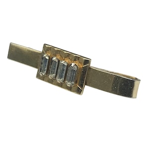 Vintage Money Clip or Tie Bar, Gold Tone Accessory with Row of Clear Baguette Crystals, Mens Gift