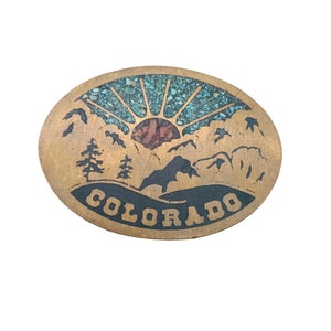 Vintage Brass Inlay Belt Buckle, Colorado Sunrise with Turquoise and Coral, Harmony Metal USA Western Cowboy