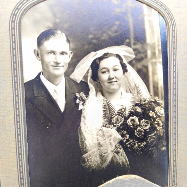 Vintage Wedding Cabinet Card, Special Day Black and White Photograph, Dapper Groom w Blushing Bride in Frills and Flowers, Period Portrait