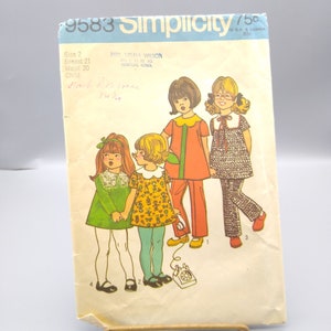 Vintage sömnadsmönster Simplicity 9583, barnklänning och byxor från 1971, barnstorlek 2