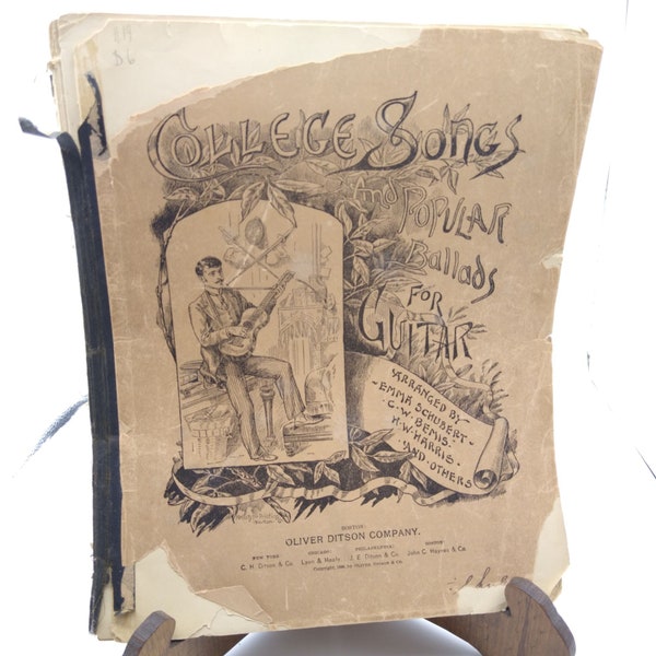 Antique Sheet Music, College Songs and Popular Ballads for Guitar by Emma Schubert CW Bemis HW Harris Etc, Ditson 1888