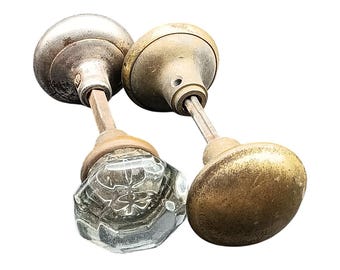 Vintage Brass & Glass Door Knobs With Patina Lot of 2 Pair