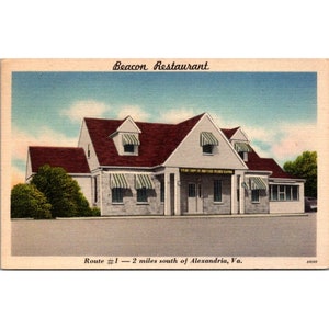 Stara pocztówka z płótna Capsco, restauracja Beacon Route 1, Alexandria, Wirginia, pamiątkowa część Capitol Souvenir, opublikowana z tyłu