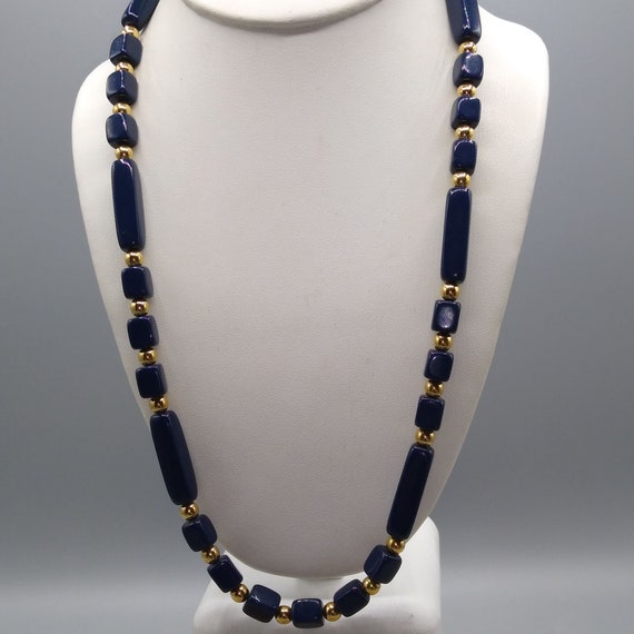 Vintage Trifari Beaded Necklace, Navy Blue and Go… - image 3
