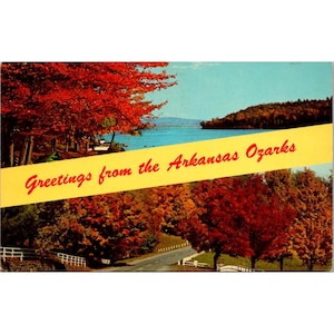 Cartão postal vintage de 1965, saudações do Arkansas Ozarks, vista panorâmica, árvores de outono e lago