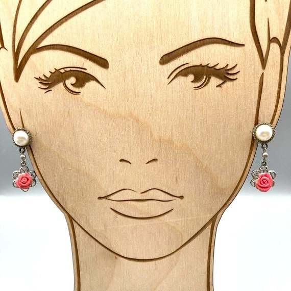 Coquette Vintage Rose Dangle Earrings, Faux Pearl… - image 1