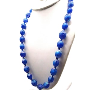 Vintage AB Royal Blue Necklace, Lovely Aurora Borealis Fluted Oblong Plastic Beads Sparkle and Shine