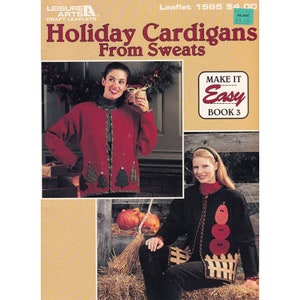 Wzory aplikacji vintage, kardigany świąteczne z ulotki Sweats 1565, broszura Leisure Arts Needlework 1994 Make It Easy Book 3