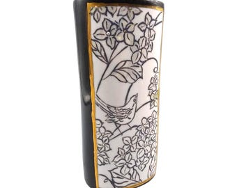 Vintage Black and White Bird in Spring Branches Porcelain Vase, Gilded Floral Ceramic Decor, Cherry Blossom Flowers