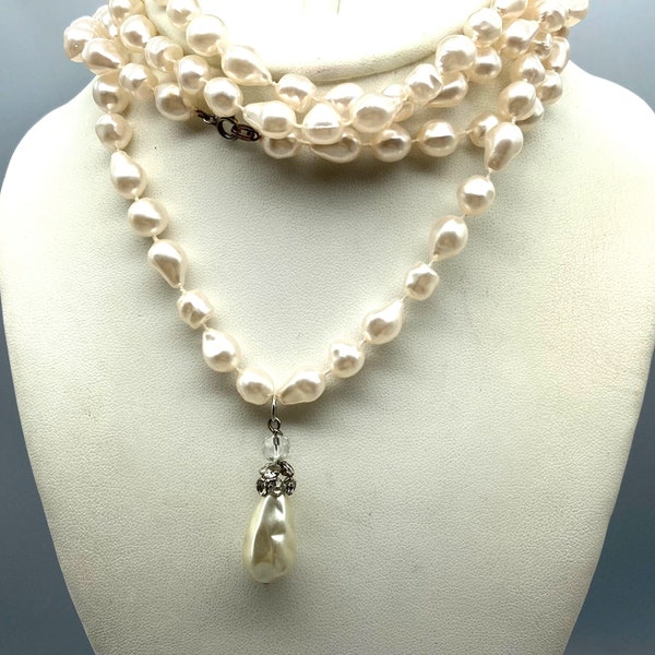 Vintage Baroque Faux Pearl Strand Necklace with Elegant Teardrop Pendant with Crystal Cap, Art Deco Flapper Beads