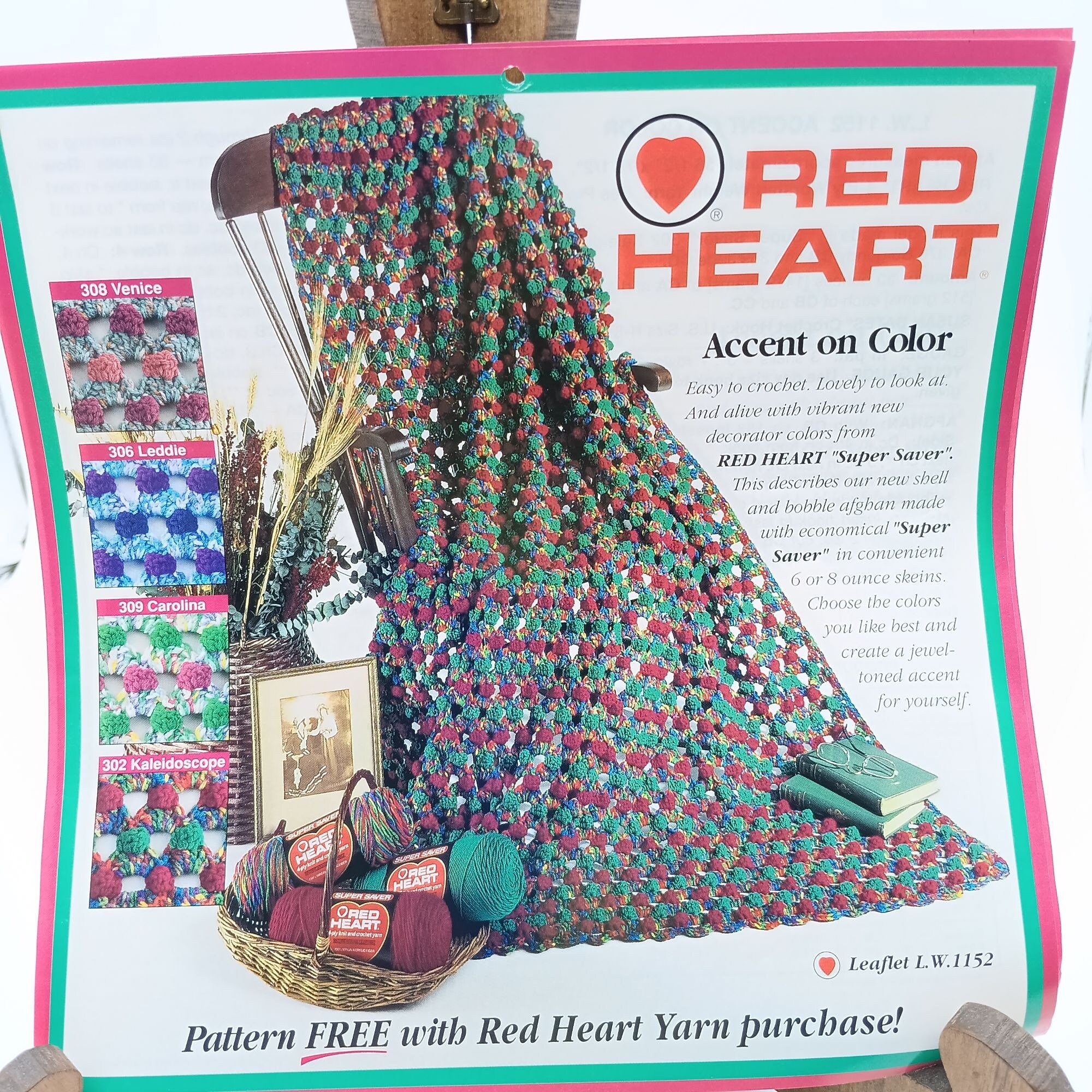 Vintage Red Heart Crochet Pattern and Instructions, Accent on Color Afghan 1990s Leaflet 1152