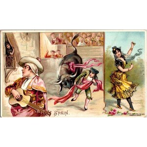 Vintage Arbuckle Bros Coffee Trade Card No. 10 Spanien 1893 bunte Illustration & historischer Text