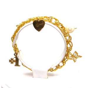 Dainty Curb Link Bracelet with 4 Charms, Vintage Gold Tone Chain Bangle