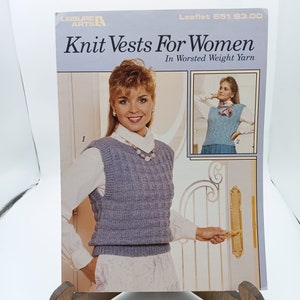 Kamizelki dziergane dla kobiet z włóczki o grubości czesankowej, ulotka Leisure Arts 651 Wzory i instrukcje vintage 1988