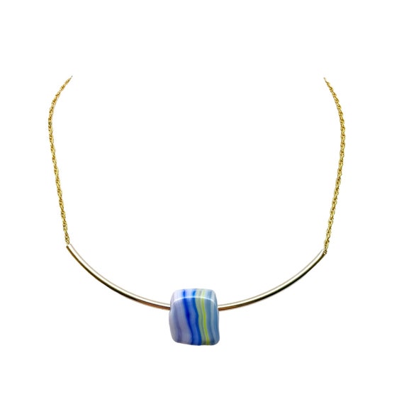 Curved Bar Bib Collar Necklace With Blue and Grey Striped Art