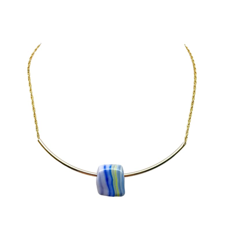 Curved Bar Bib Collar Necklace With Blue and Grey Striped Art Glass