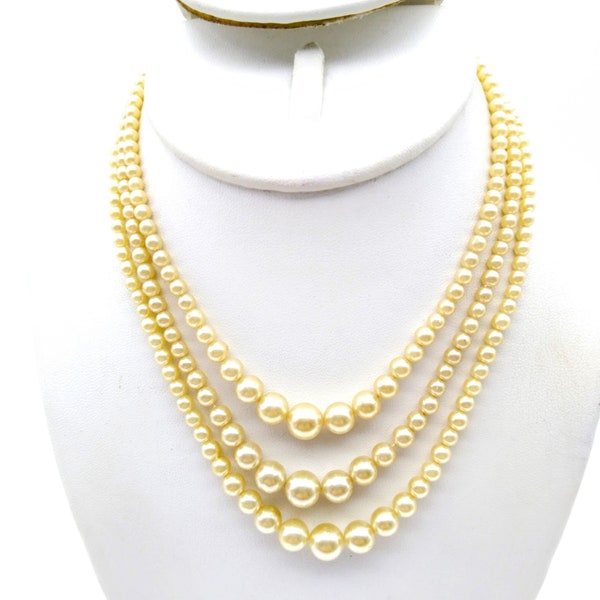 Vintage Triple Strand Faux Pearl Choker Necklace, Classic Graduated Multi Strand