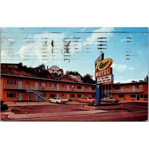 Postal vintage del motel Elko, Nevada Stampede, de los años 50 y 60, con coches