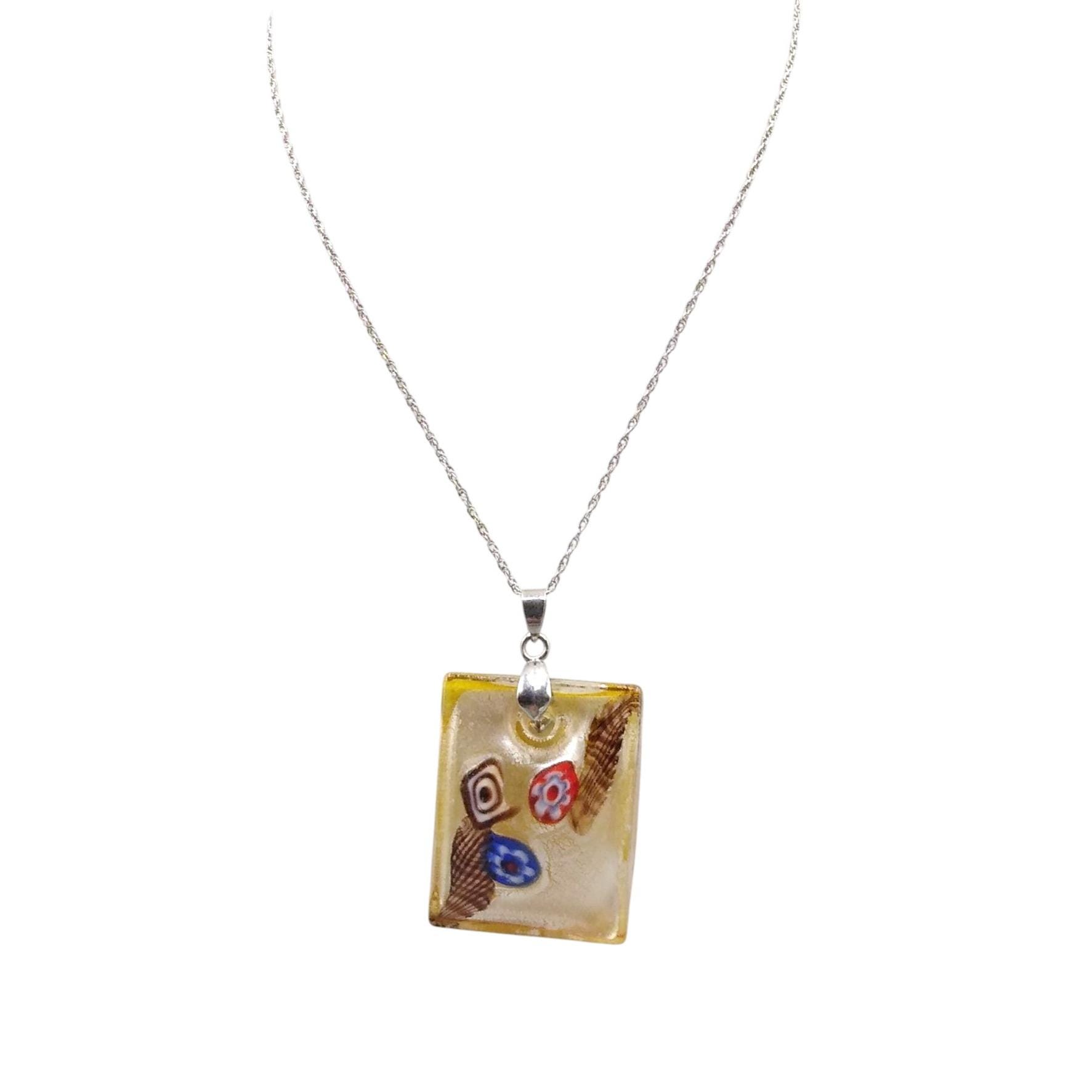 Dichroic Art Glass Millefiori Pendant with 18K White Gold Plating on Dainty Sterling Silver Chain, Beautiful Vintage Necklace