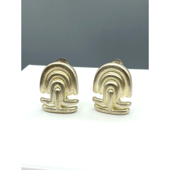 Modernist Mayan Rainbow Earrings, Brushed Silver … - image 2