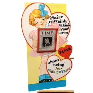 Tarjeta vintage de San Valentín con diseño de revista Time emergente