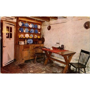 Cartolina d'epoca della casa di Betsy Ross del 1952, scena della cucina del seminterrato di Filadelfia