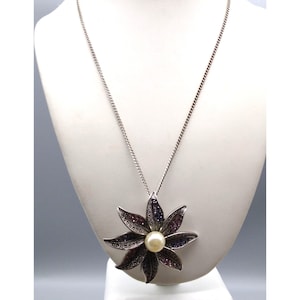 Vintage Premier Designs Pave Crystal  Flower with Pearl Center, Pendant Brooch on Silver Tone Chain Necklace, Pink and Purple on Silver Tone