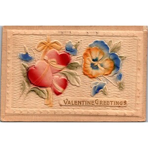 Carte postale vintage en relief avec coeurs et fleurs pour la Saint-Valentin