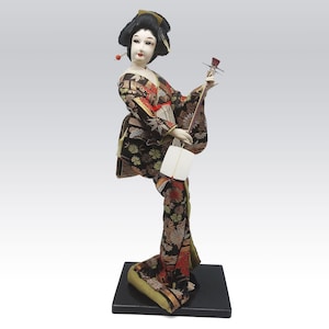 Japanese Geisha Doll With Shamisen On Base - 17&quot; Figurine Traditional Kimono Display Collectible Decor