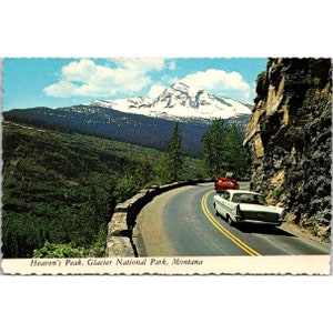 Postal vintage de Chrome Glacier Park, Heavens Peak yendo a Sun Road, Parque Nacional Montana, Plastichrome sin publicar dividido hacia atrás