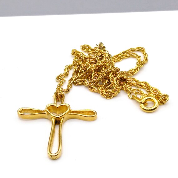 Vintage Open Heart Cross Pendant Necklace, Gold T… - image 5