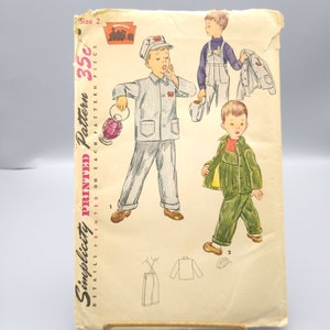Vintage Sewing PATTERN Simplicity 4453, Boys 1950s Overall and Jacket and Cap, Transfer Included, Child Size 2 Train Engineer